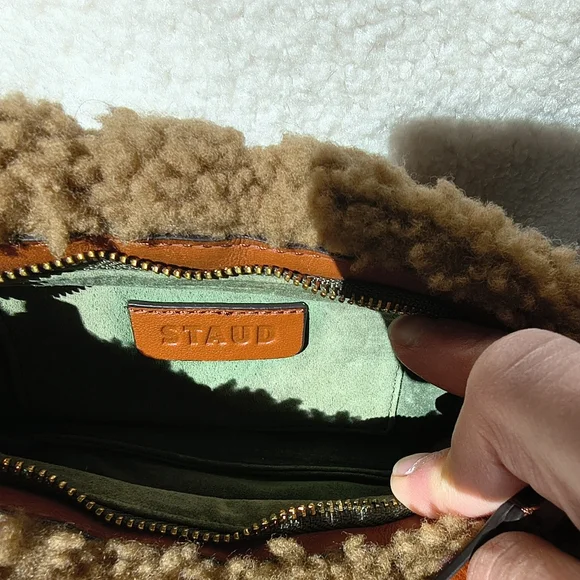 STAUD Tan Natural Bean Shearling Shoulder Bag - Picture 9 of 14